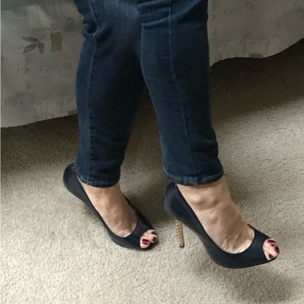 SCHUTZ Navy Patent Peep-Toe High Heels